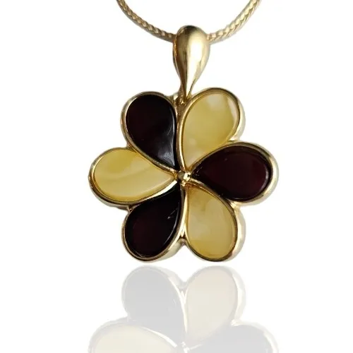 Zawieszka srebrna pozłacana z żółtym i wiśniowym bursztynem kwiatek