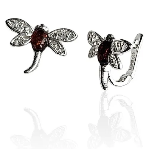 Kolczyki srebrne ważki  z bursztynem na angielskim zapięciu