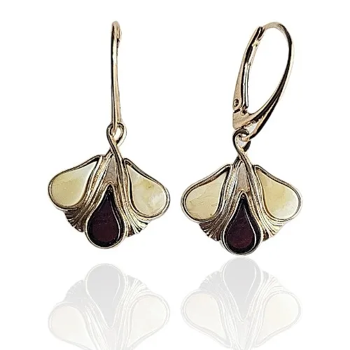 Kolczyki srebrne pozłacane z białym i żółtym bursztynem