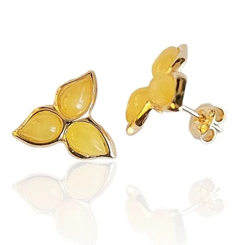 Kolczyki srebrne pozłacane kwiatki z żółtym bursztynem