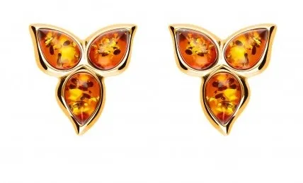 Kolczyki srebrne pozłacane kwiatki z wiśniowym  bursztynem z łuskami