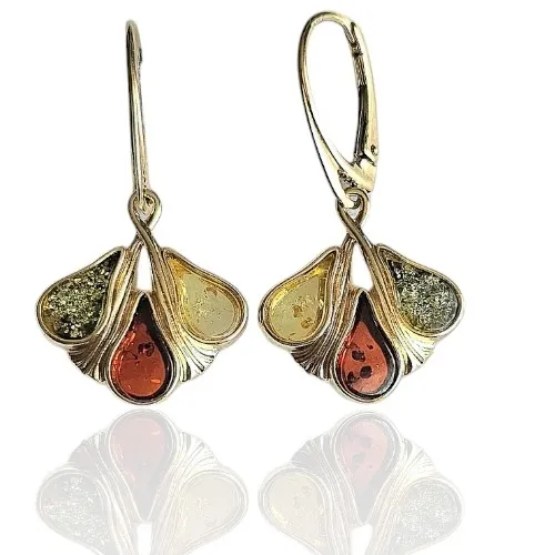 Kolczyki srebrne pozłacane z kolorowym bursztynem na angielskim zapięciu