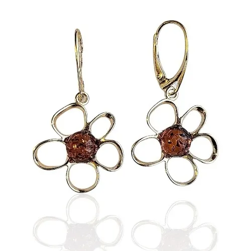 Kolczyki srebrne pozłacane kwiatki z koniakowym bursztynem