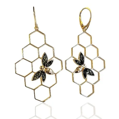 Kolczyki srebrne pozłacane z zielonym bursztynem pszczółki