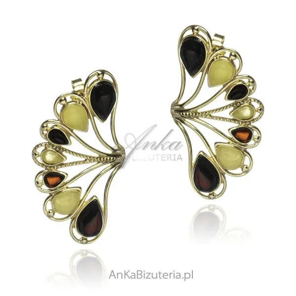 Kolczyki srebrne pozłacane z bursztynem pawie oczka