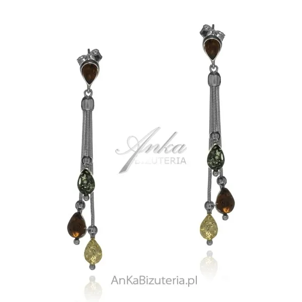 Kolczyki srebrne z kolorowym bursztynem wiszące