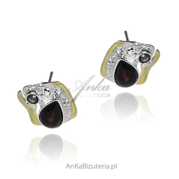 Kolczyki srebrne z pozłoceniami wiśniowym bursztynem i mystik topaz