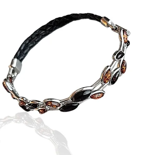 Bransoletka srebrna  z wiśniowo -koniakowym bursztynem  na skórzanym pasku