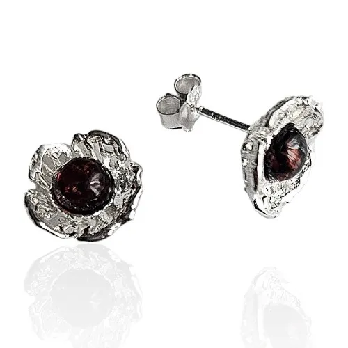 Kolczyki srebrne z bursztynem -  ażurowe kwiatki