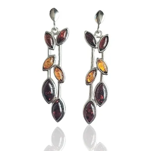Eleganckie kolczyki srebrne  z wiśniowo - koniakowym bursztynem