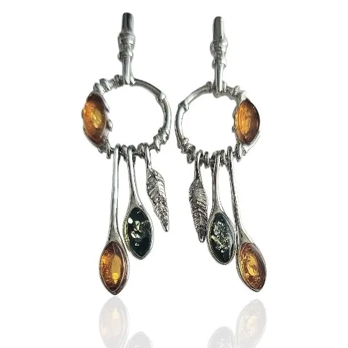 Kolczyki srebrne z bursztynem w kolorze zielonym i koniak