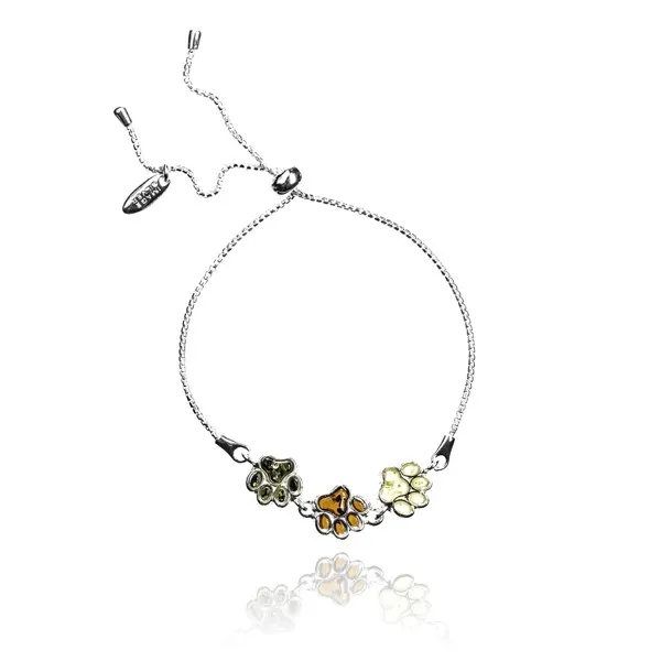 Bransoletka srebrna łapki z bursztynem