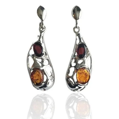 Eleganckie kolczyki srebrne z wiśniowym  i koniakowym bursztynem