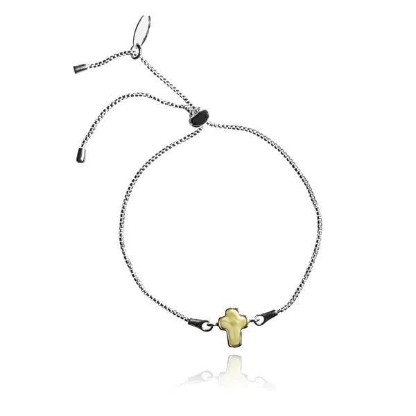 Bransoletka srebrna  z żółtym bursztynem krzyżyk