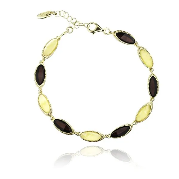 Śliczna bransoletka srebrna pozłacana z żółtym i wiśniowym bursztynem