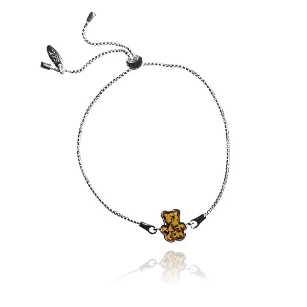 Bransoletka srebrna z bursztynem ściągana miś