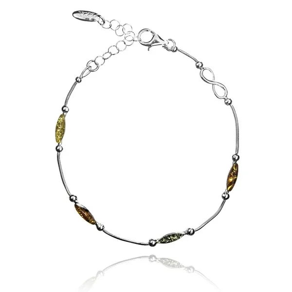 Delikatna bransoletka srebrna  z kolorowym bursztynem