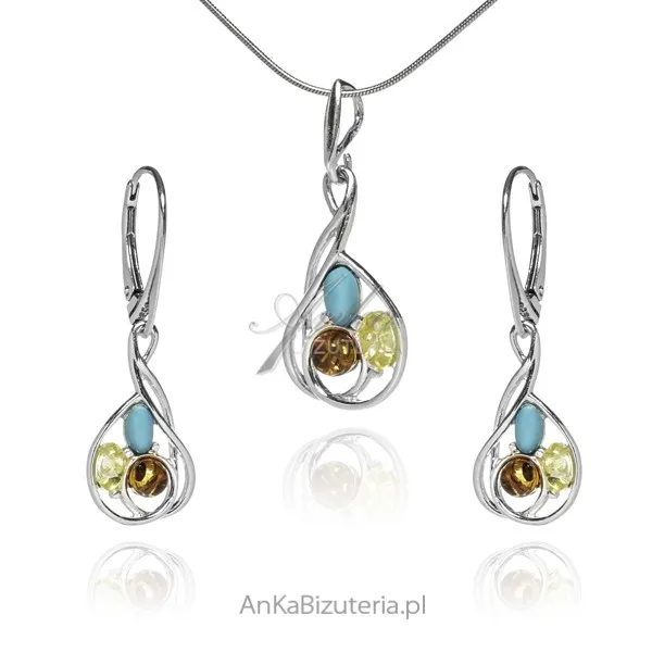 Komplet biżuteria srebrna z bursztynem  i turkusem