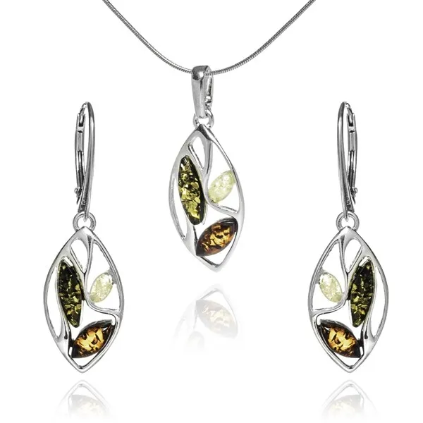 Komplet srebrny z kolorowym  bursztynem santana
