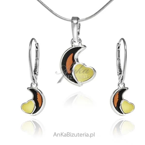 Komplet biżuteria srebrna z biało - wiśniowym bursztynem księżyc z serduszkiem