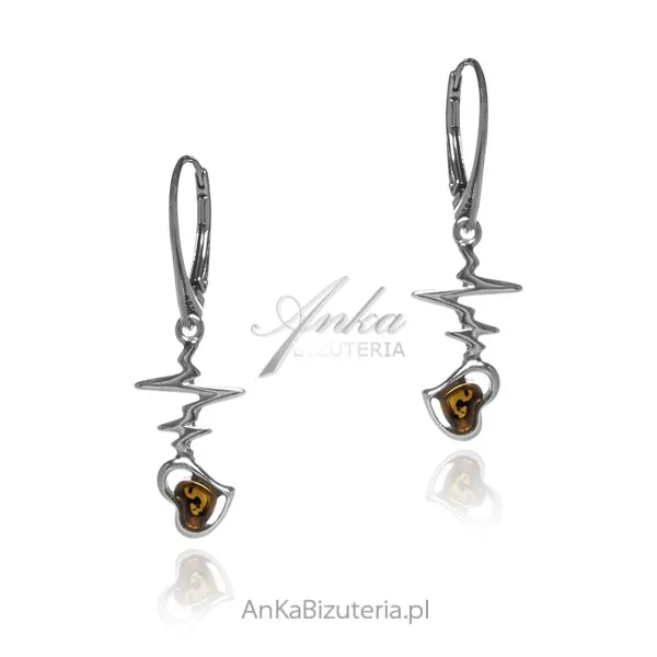 Kolczyki srebrne linia życia  serduszko z bursztynem