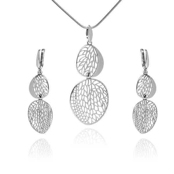 Komplet biżuteria srebrna ażurowa listki