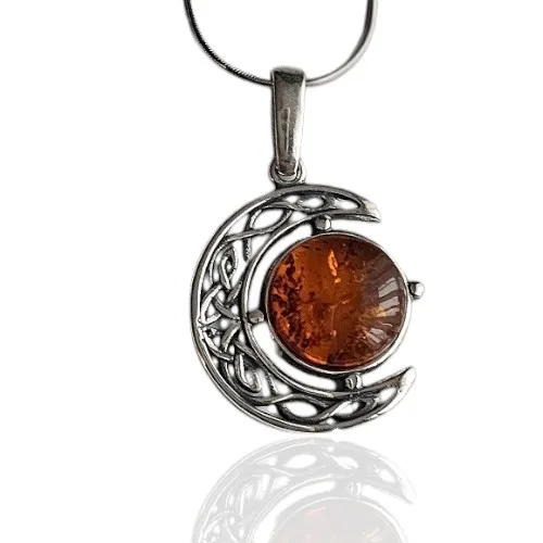 Zawieszka srebrna oksydowana  z bursztynem księżyc