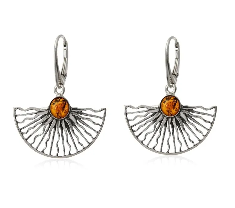 Kolczyki srebrne  z bursztynem duże kolczyki słoneczka