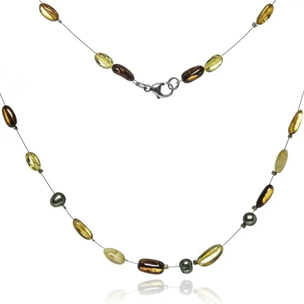 Naszyjnik srebrny z bursztynem i barwionymi perełkami