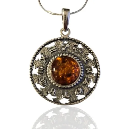 Srebrna zawieszka oksydowana z bursztynem znaki zodiaku