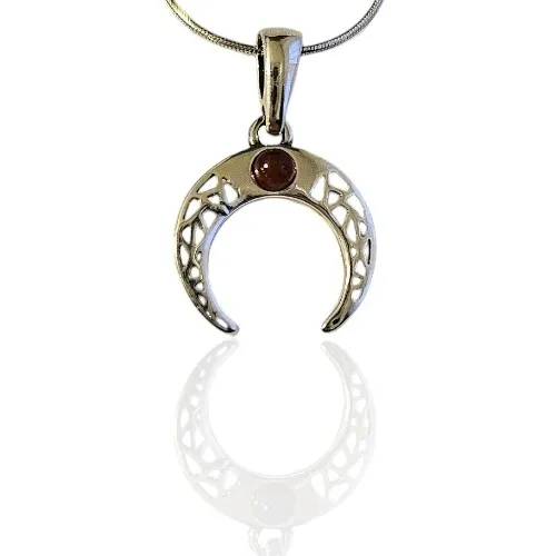 Zawieszka srebrna lunula  - talizman z bursztynem