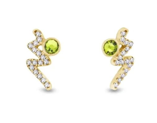 Kolczyki ze srebra pozłacanego oraz ekskluzywnych kryształów w kolorze citrus green.   zig zag