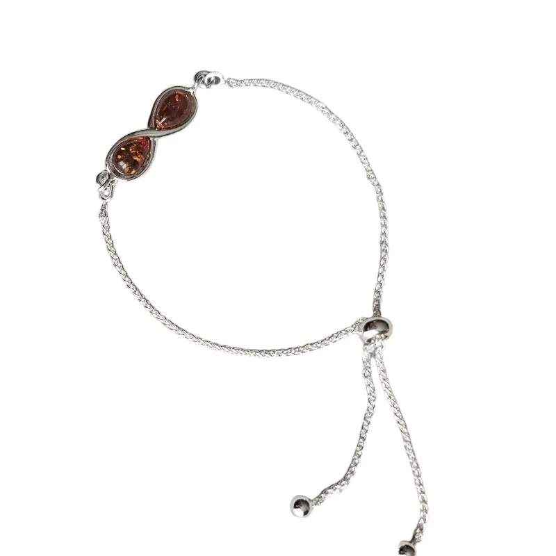 Bransoletka srebrna znieskończonością z bursztynu na ściągaczu