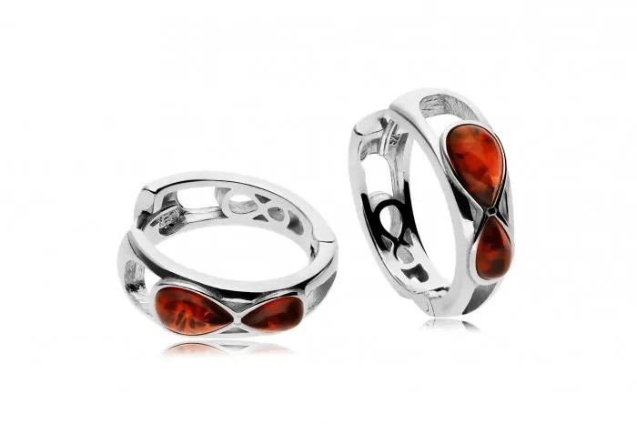 Kolczyki srebrne kółka z koniakowym bursztynem niskończonośc