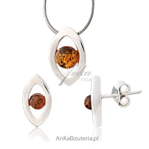 Komplet srebrny z bursztynem bałtyckim w kolorze koniak