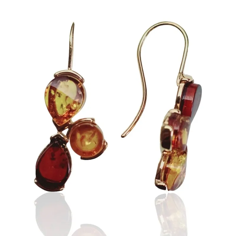 Eleganckie kolczyki srebrne pozłacane z wiśniowym i koniakowym  bursztynem