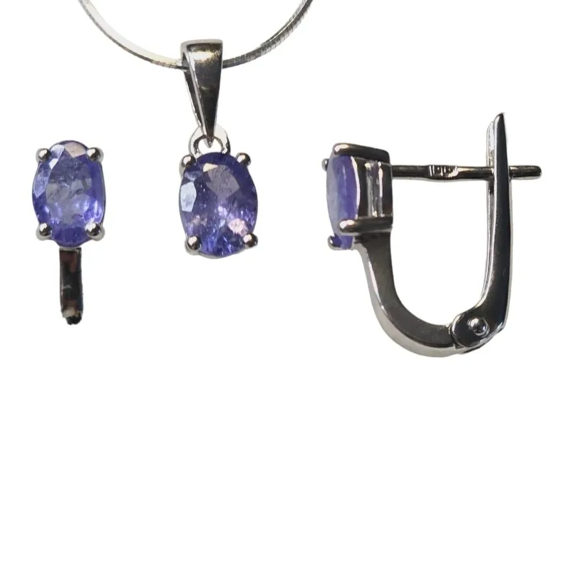 Komplet biżuteria srebrna z pięknym naturalnym tanzanitem