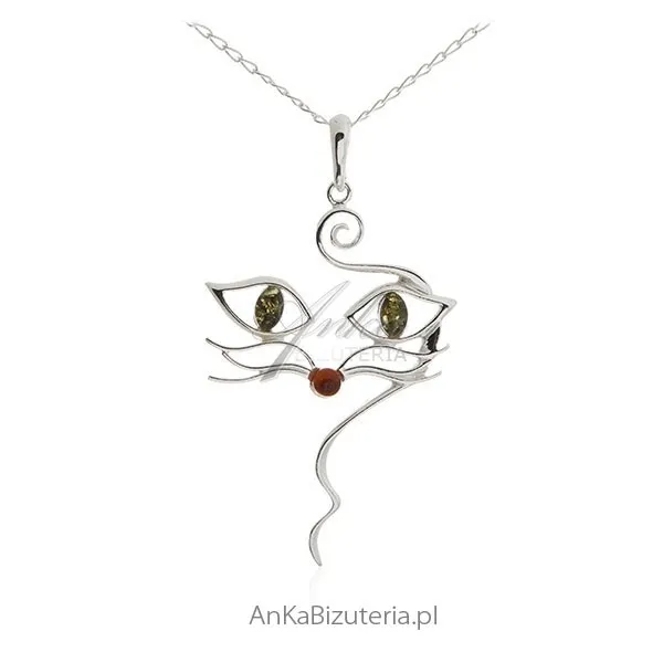 Zawieszka srebrna  z bursztynem figlarny kot - medium