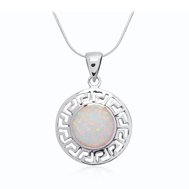 Srebrna zawieszka z białym opalem z greckim wzorem
