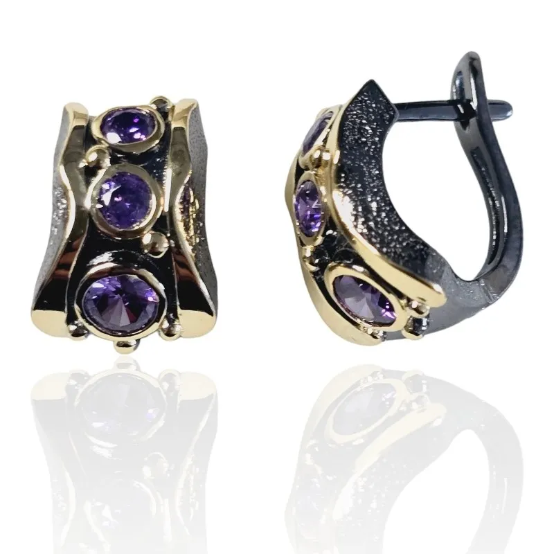Kolczyki srebrne pozłacane i oksydowane z fioletową cyrkonią  - biżuteria artystyczna