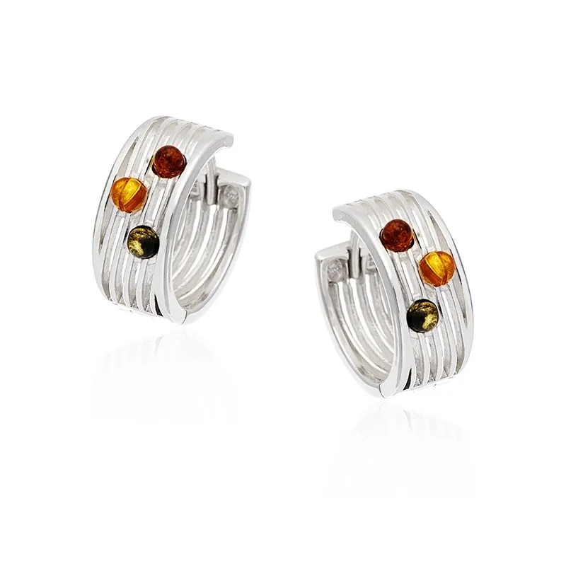 Kolczyki srebrne kółka z kolorowym bursztynem
