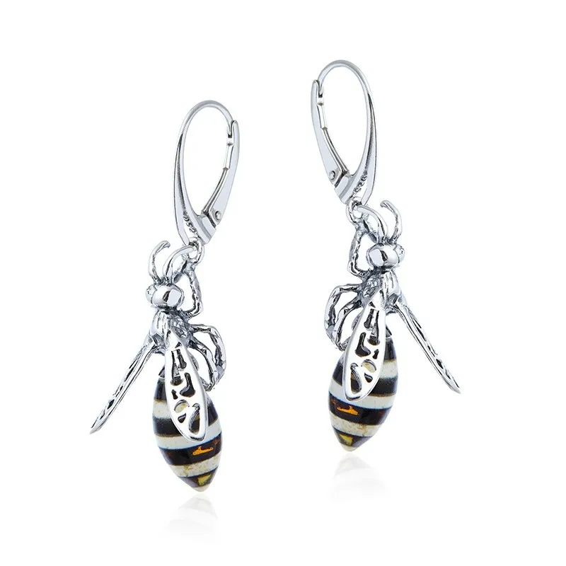 Kolczyki srebrne pszczółki z bursztynem  - na angielskim zapięciu