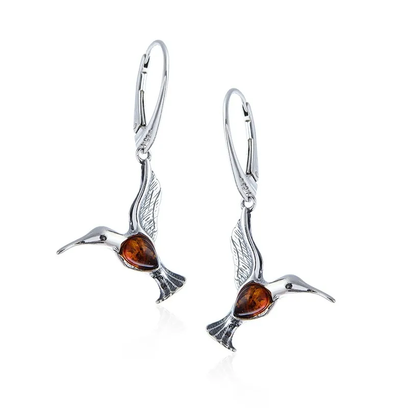 Srebrne kolczyki koliberki z bursztynem