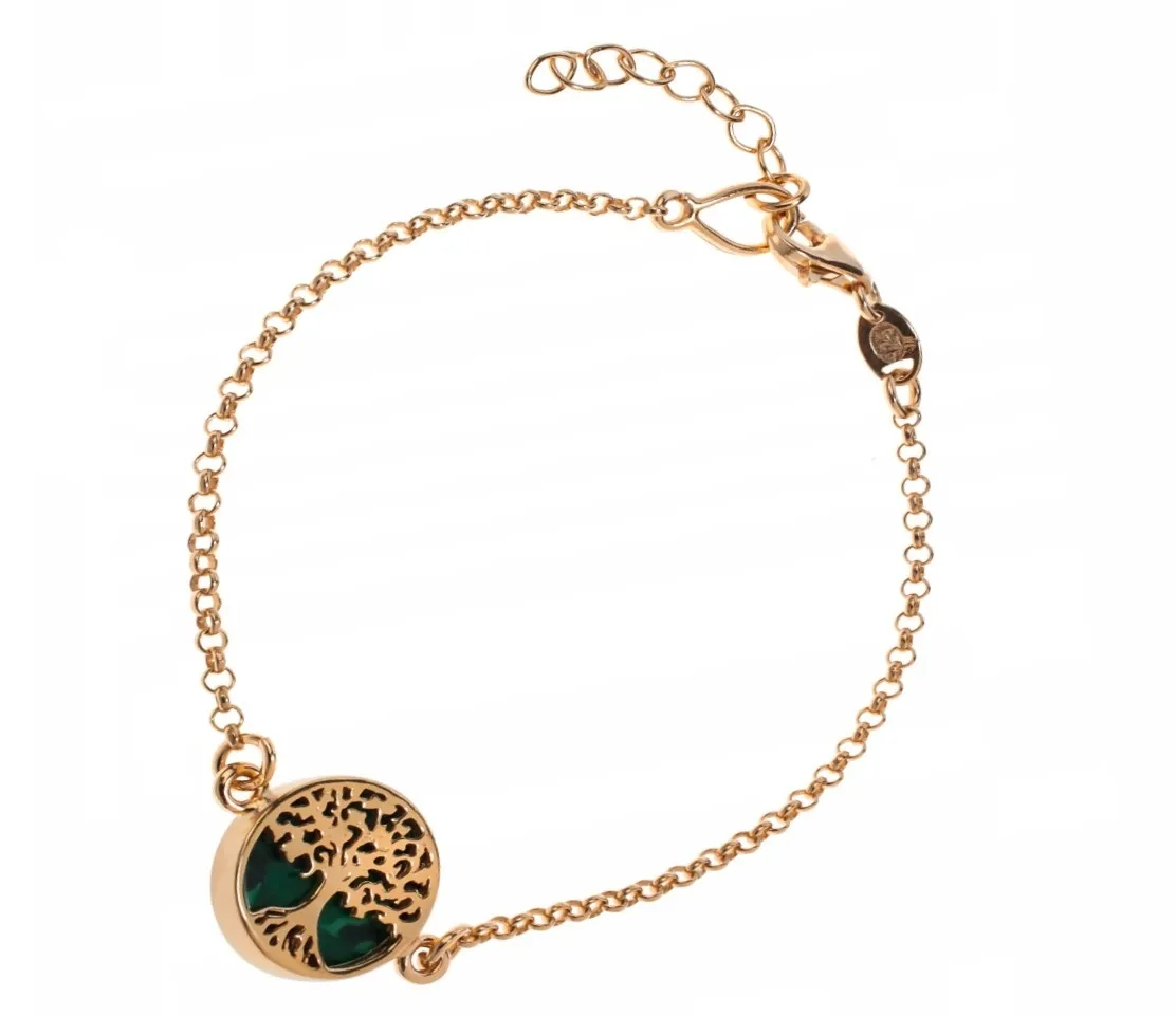 Bransoletka srebrna pozłacana drzewko szczęścia z zielonym malachitem