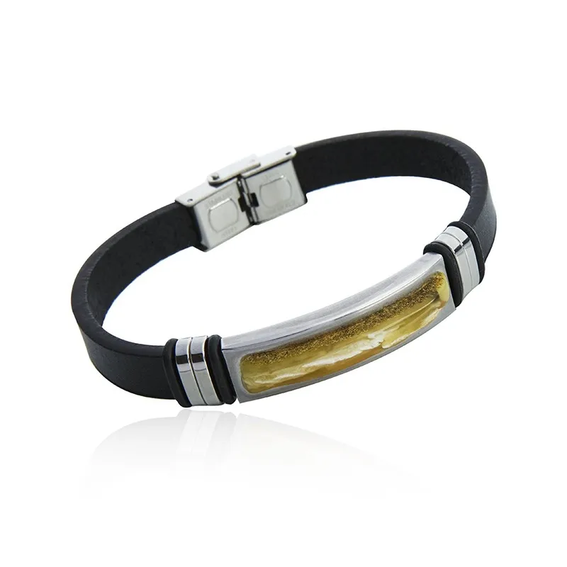 Bransoletka ze stali szlachetnej i skóry żółty bursztyn