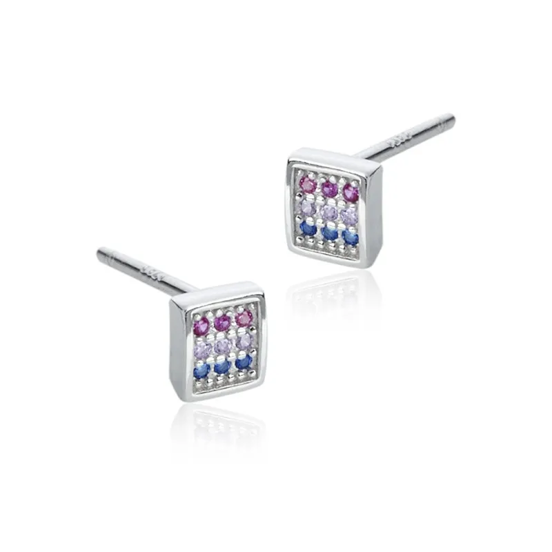 Kolczyki srebrne subtelne kwadraty z kolorową cyrkonią