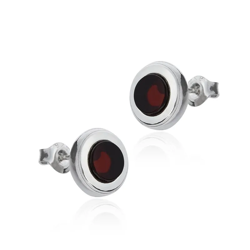 Kolczyki srebrne z wiśniowym bursztynem  okrągłe