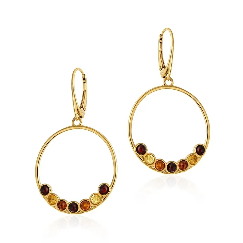 Kolczyki srebrne pozłacane kółka z kolorowym bursztynem