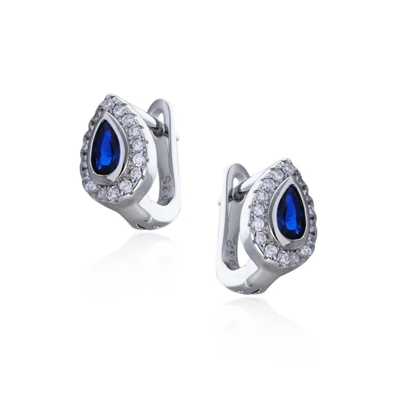 Kolczyki srebrne z cyrkoniamii białymi i szafirową markizy