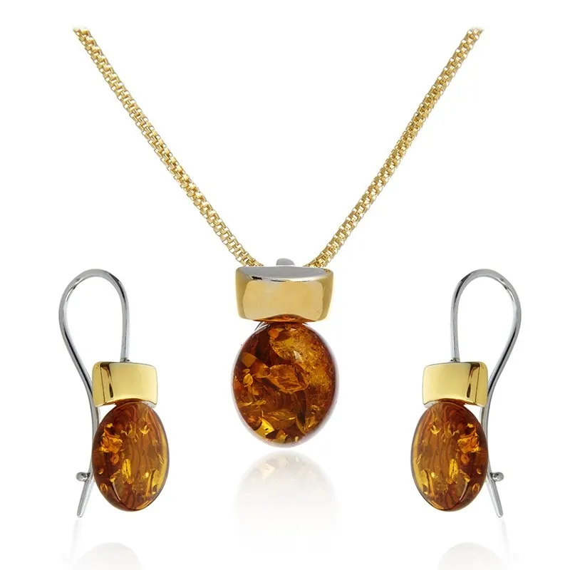 Komplet biżuteria srebrna  pozłacana z koniakowym bursztynem
